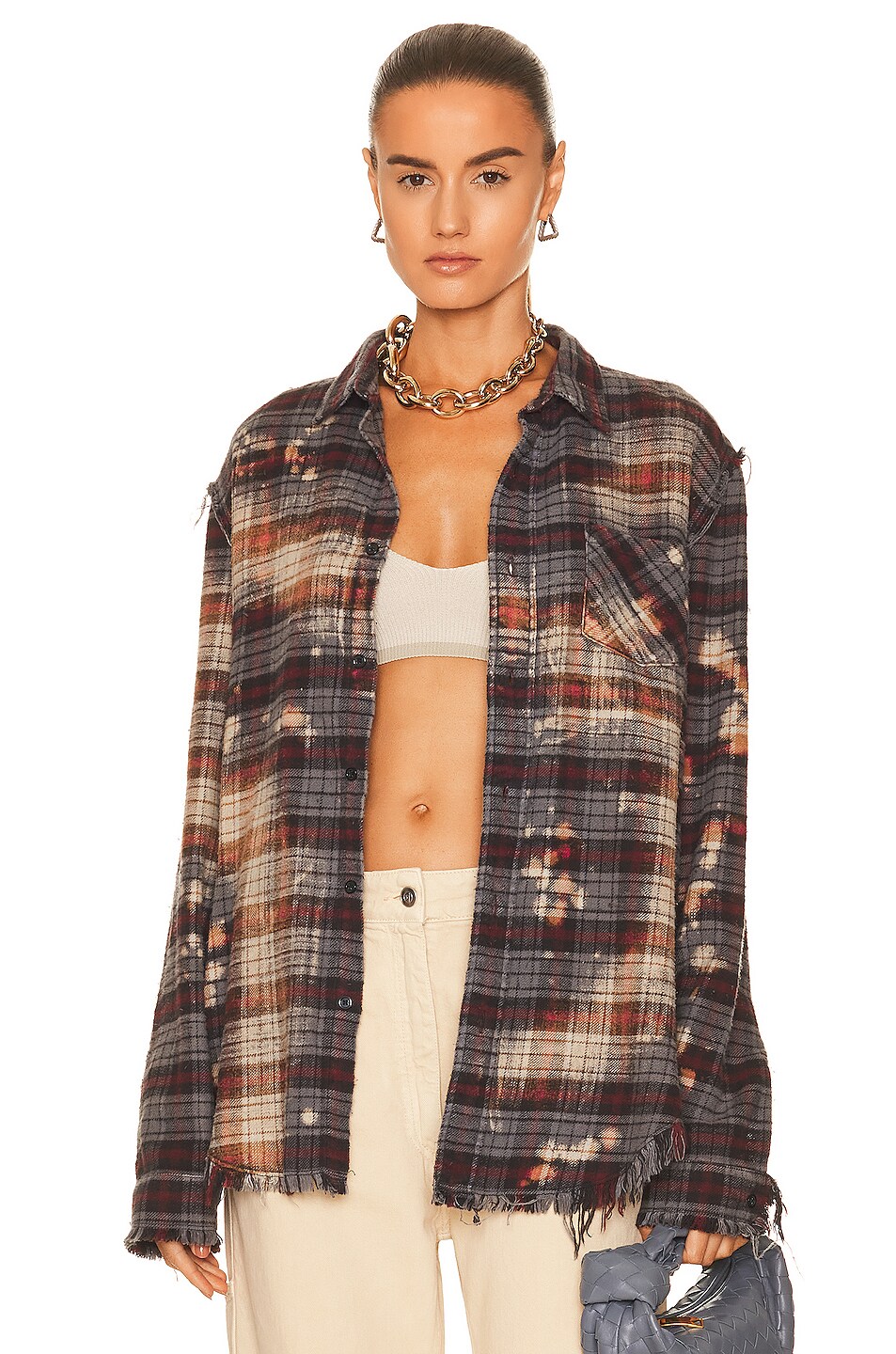 Image 1 of R13 Bleached Shredded Seam Shirt in Bleached Grey Plaid