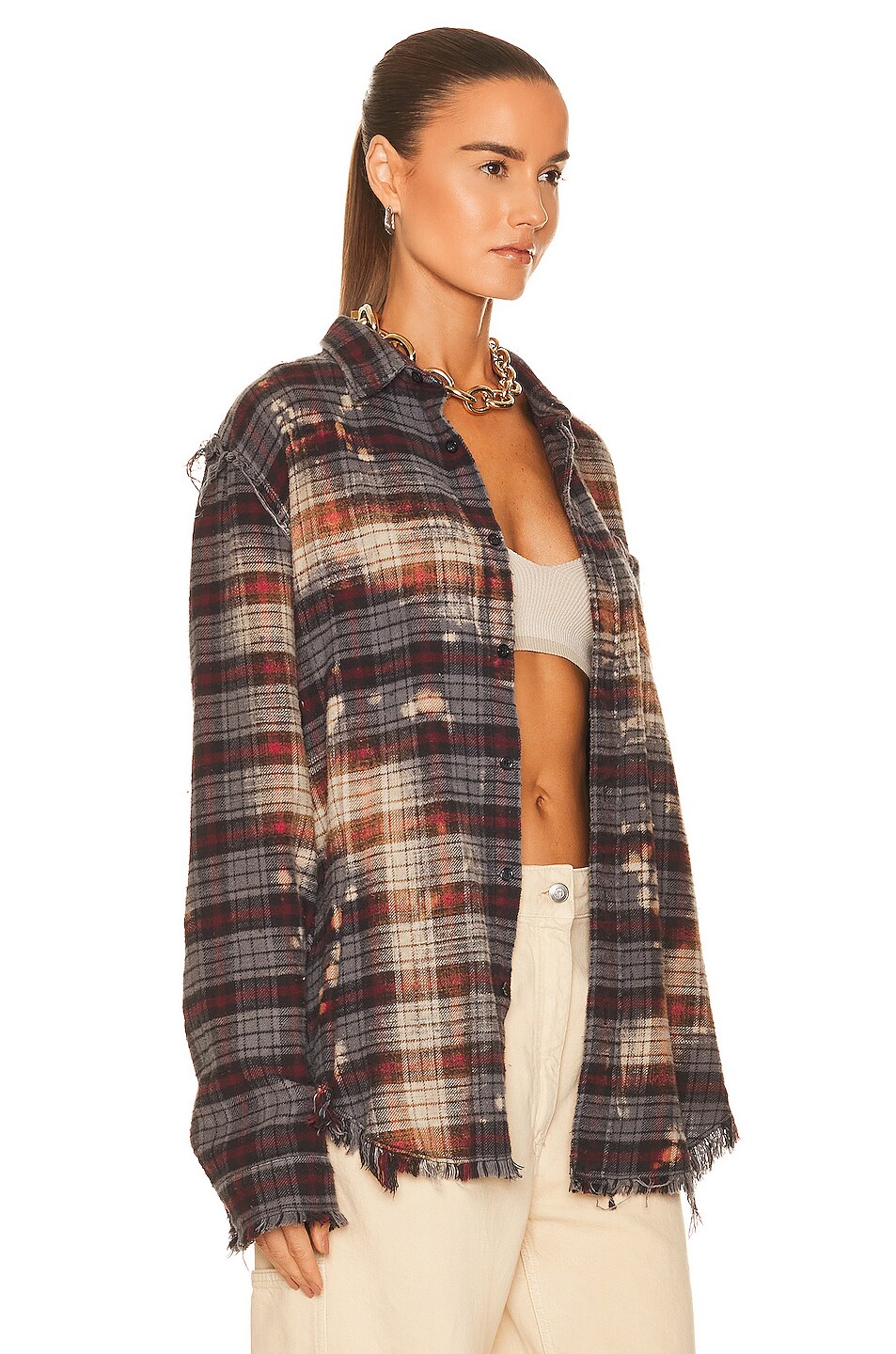 R13 Bleached Shredded Seam Shirt in Bleached Grey Plaid | FWRD