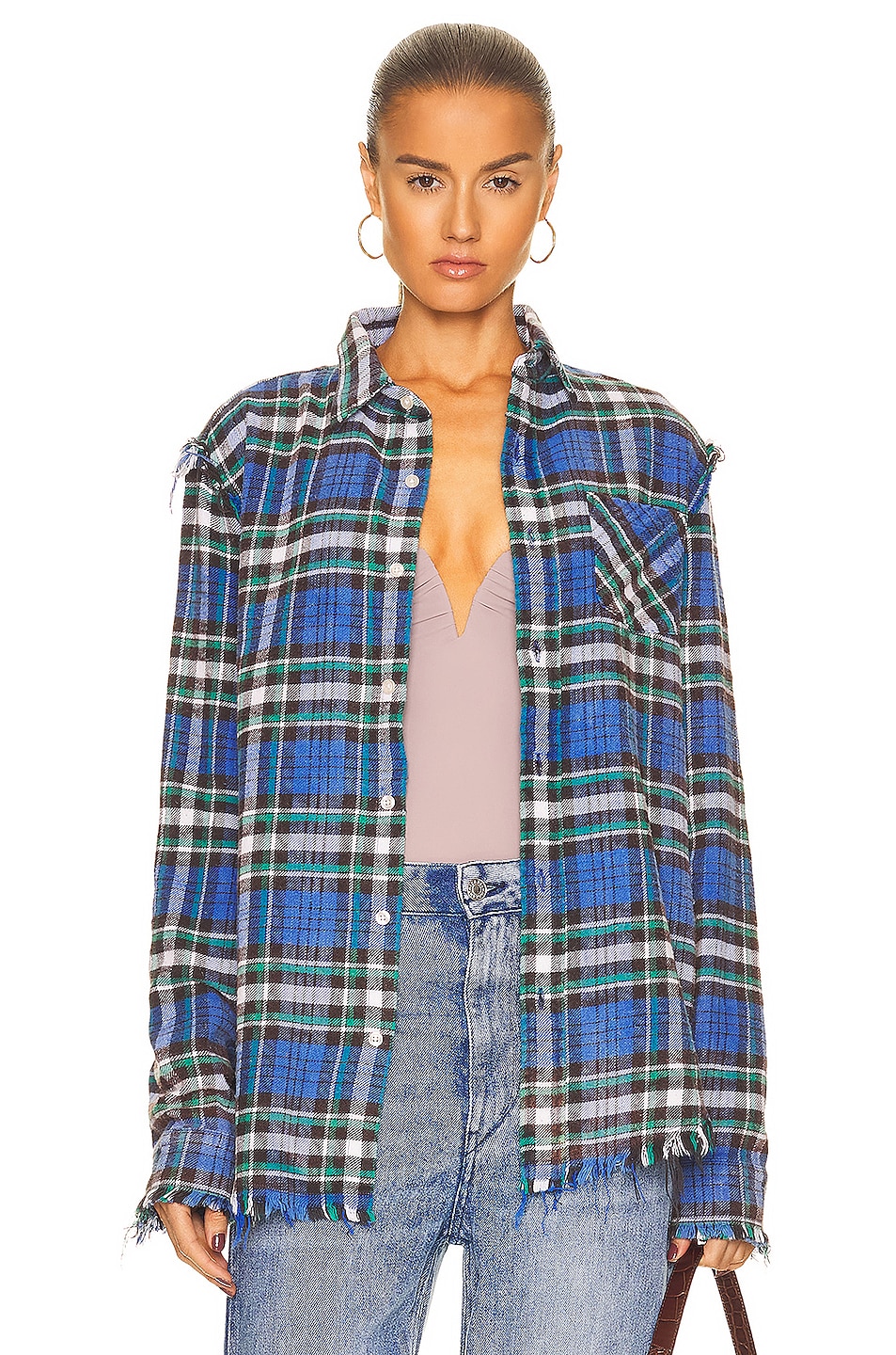 R13 Shredded Seam Shirt in Blue & Green Plaid | FWRD