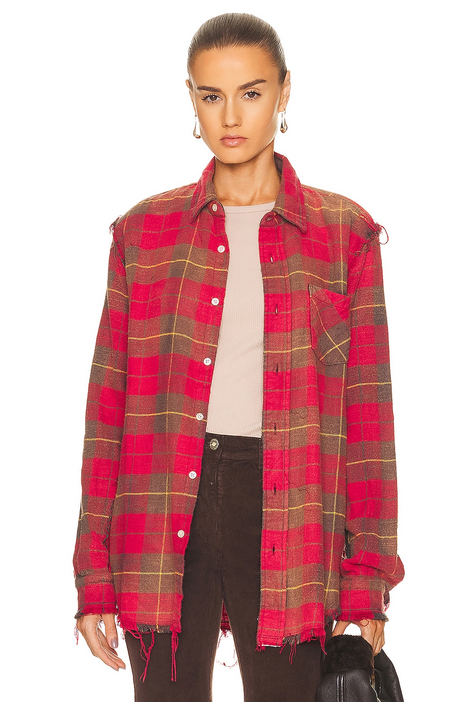 R13 Shredded Seam Shirt in Red & Grey Plaid | FWRD