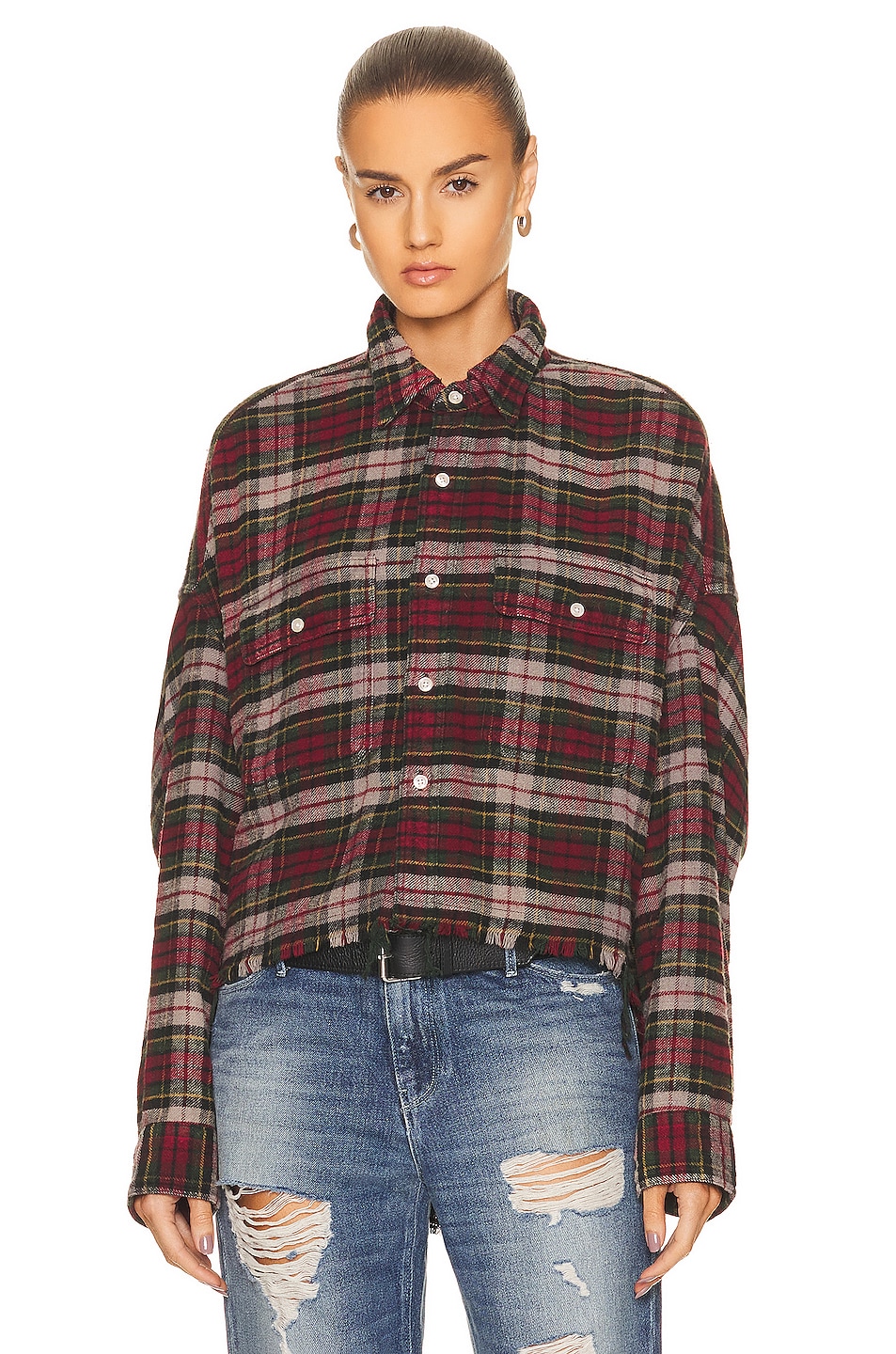 R13 Convertible Cropped Work Shirt in Red & Green Plaid | FWRD