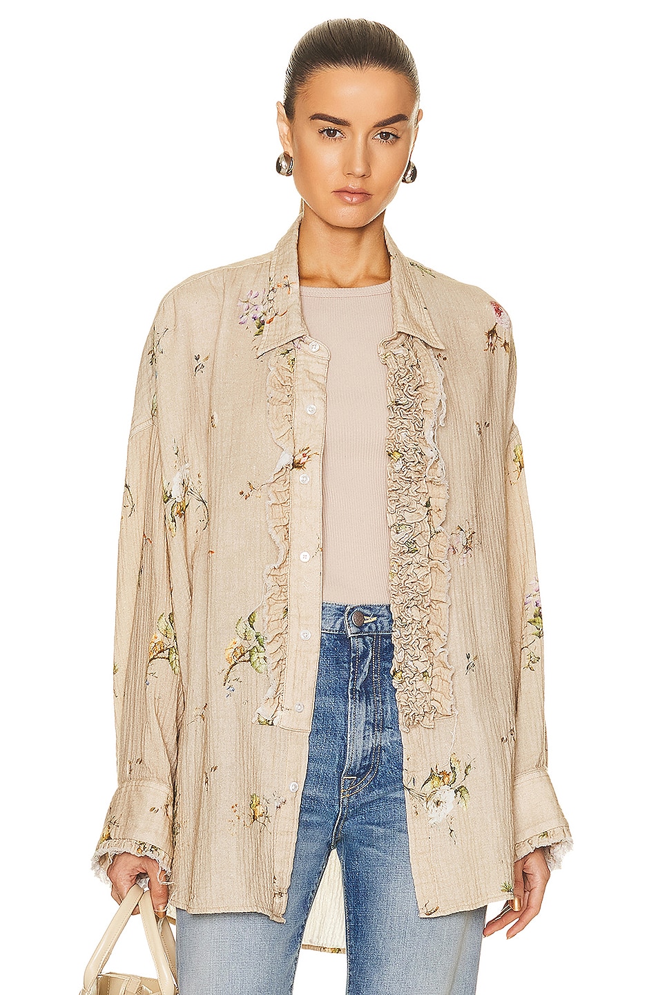 Image 1 of R13 Drop Neck Tuxedo Shirt in Floral On Khaki