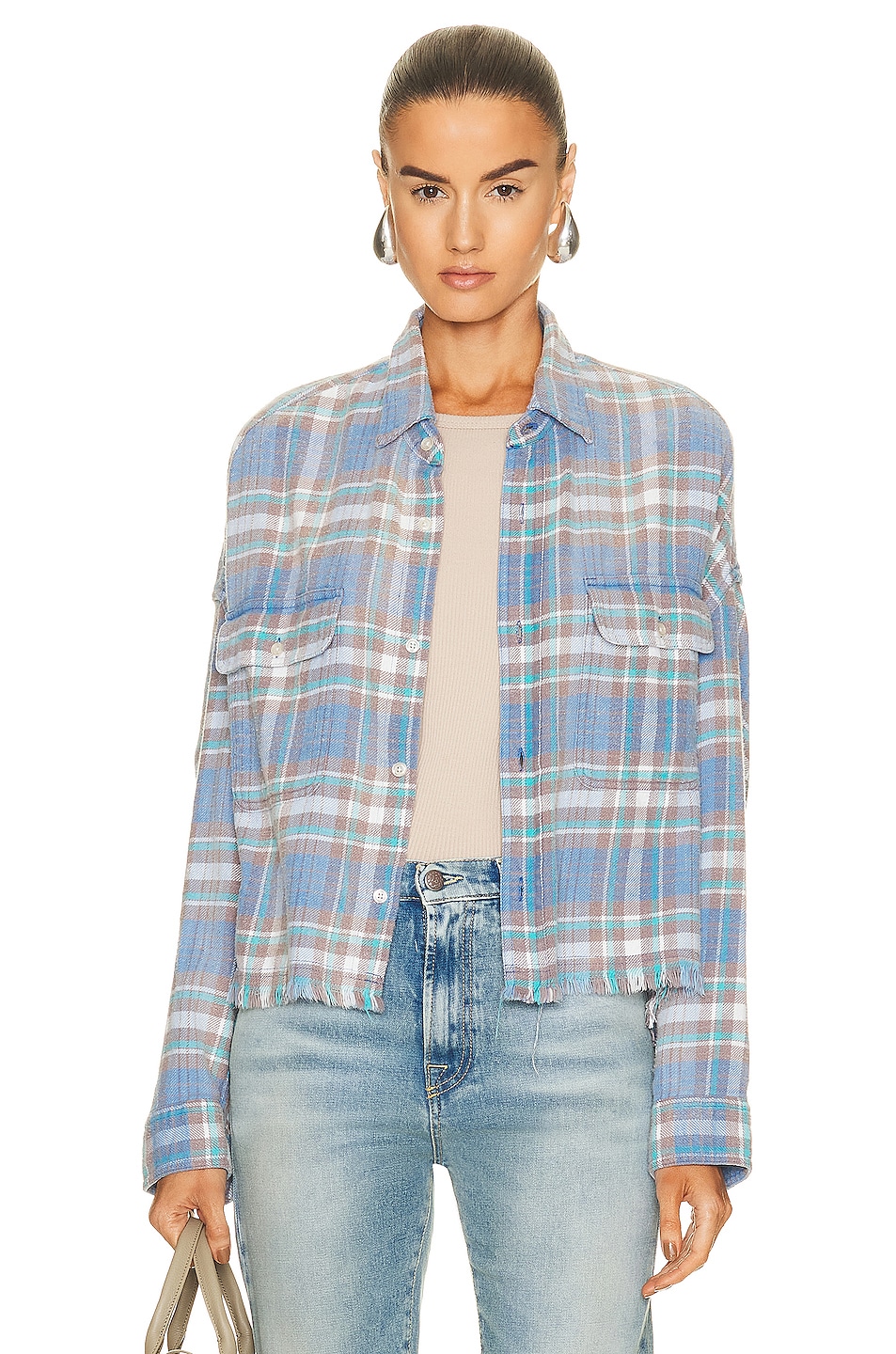 Image 1 of R13 Cropped Work Shirt in Blue & Green Plaid