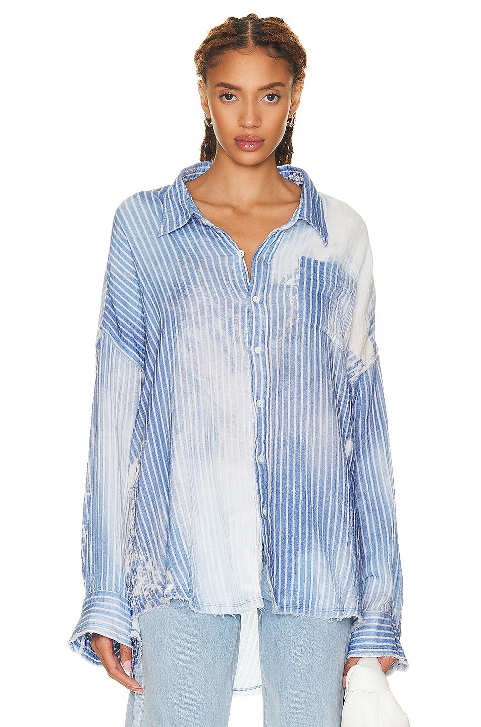 R13 Shredded Seam Drop Neck Shirt in "BLEACHED" BLUE STRIPE FWRD
