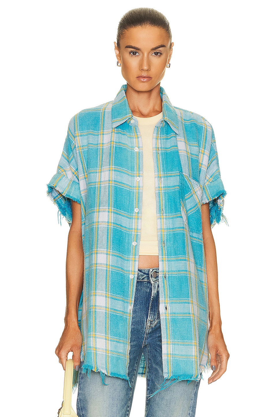 Image 1 of R13 Shredded Seam Sleeveless Shirt in LT BLUE PLAID