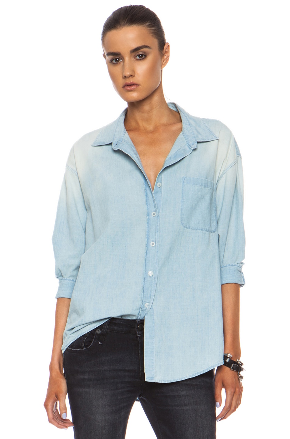 Image 1 of R13 Oversized Shirt with Cropped Sleeve in Light Blue