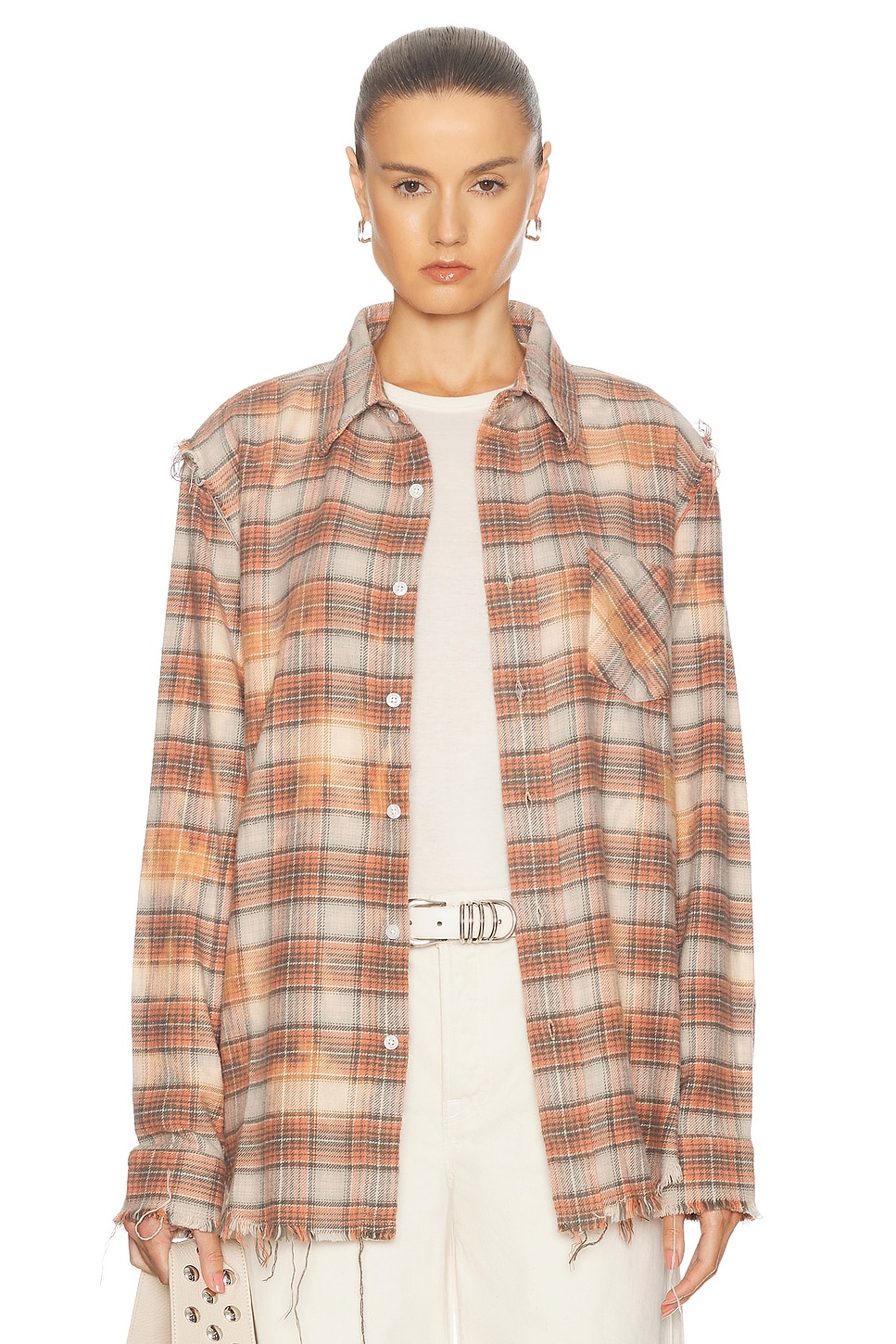 Image 1 of R13 Shredded Seam Shirt in Bleached Orange Plaid