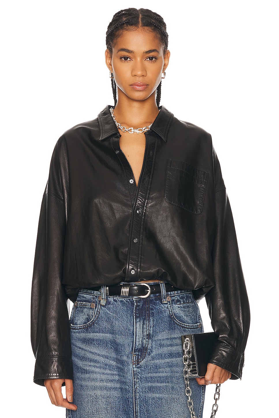 Image 1 of R13 Crossover Bubble Shirt in Black Leather