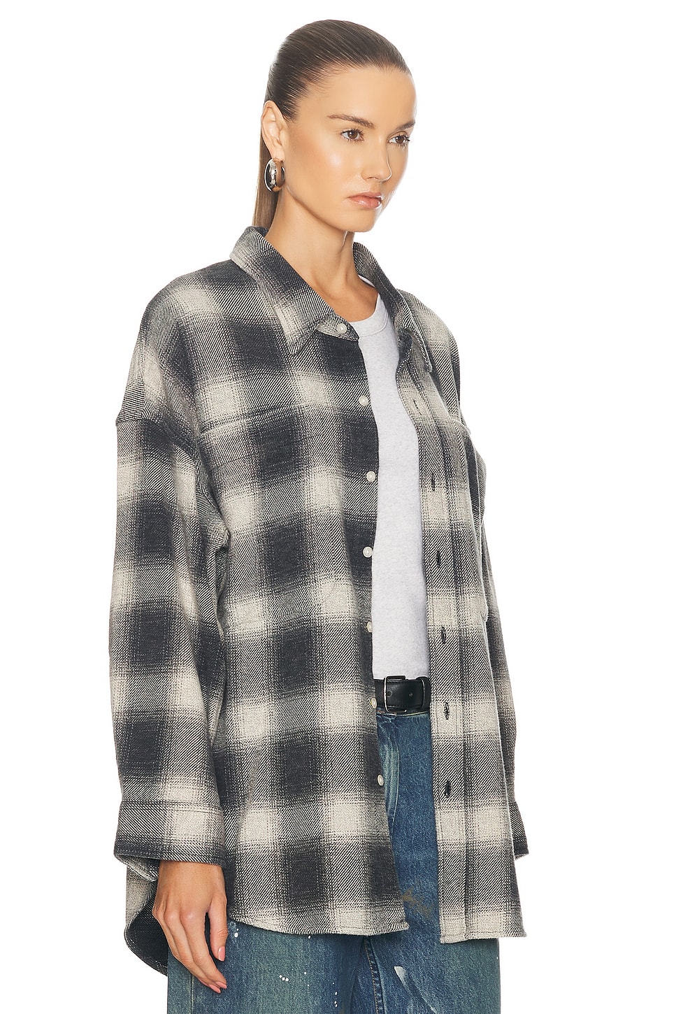 Shop R13 Drop Neck Shirt With Oversized Pockets In Grey Ombre Plaid