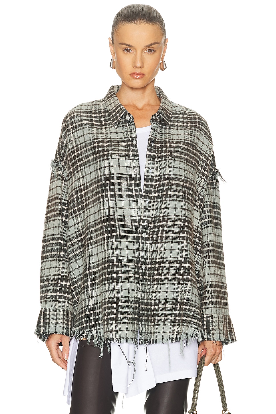 Image 1 of R13 Shredded Seam Drop Neck Shirt in Blue & Grey Plaid