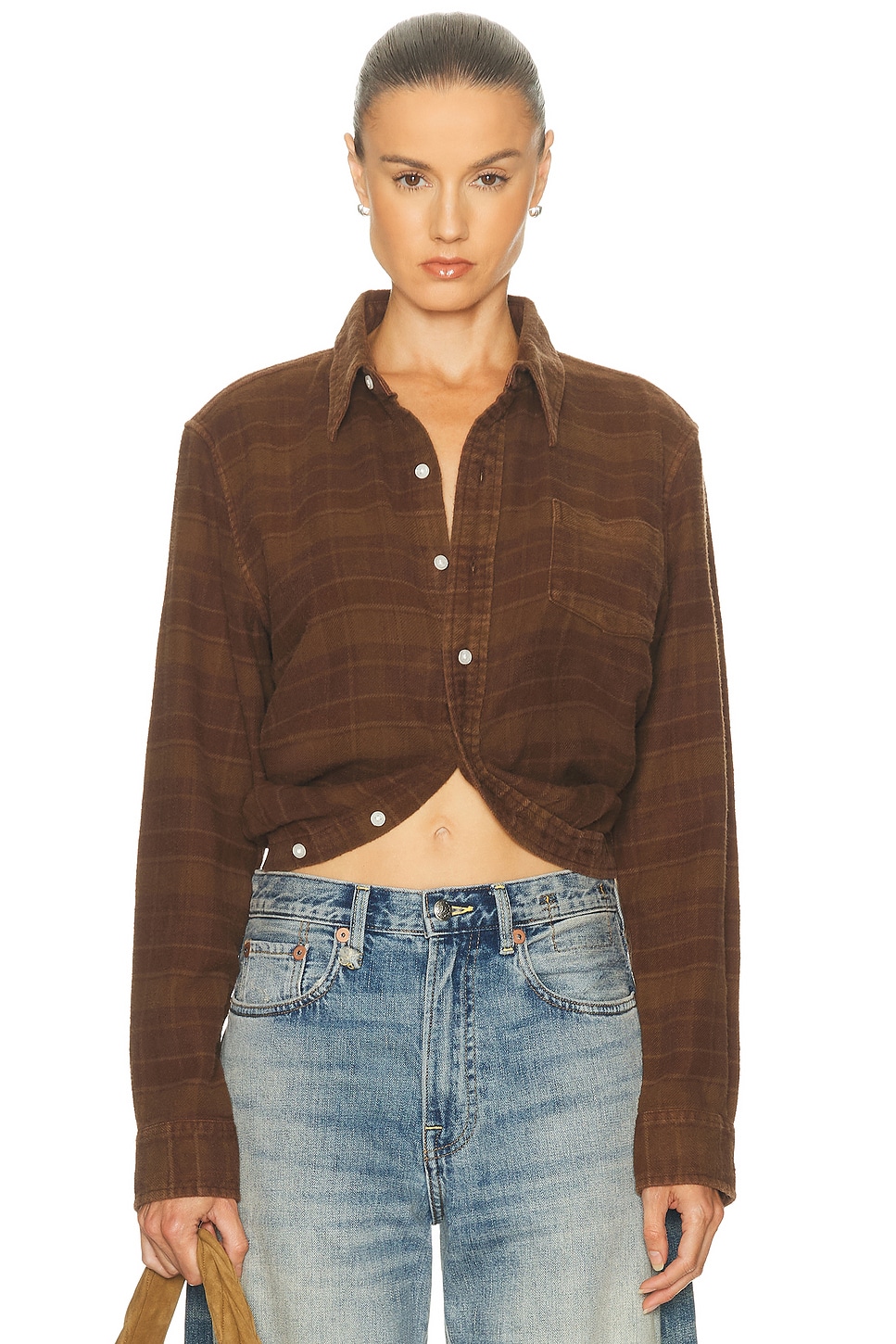Image 1 of R13 Wrap Around Shirt in Overdyed Brown Plaid