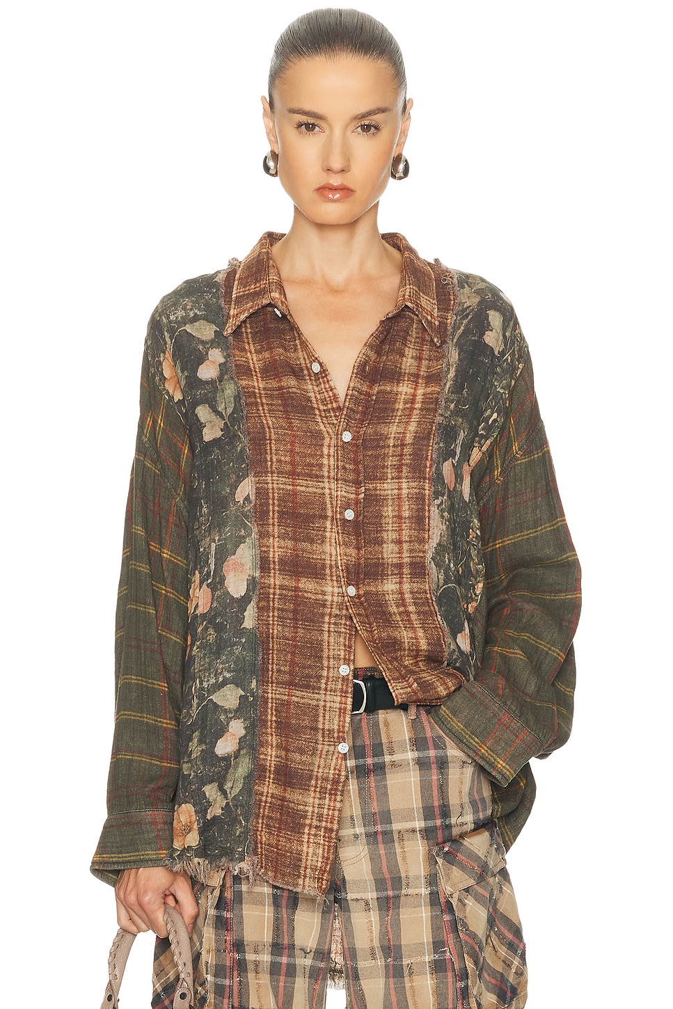 Image 1 of R13 Multi-strip Drop Neck Shirt in Multi Print Brown