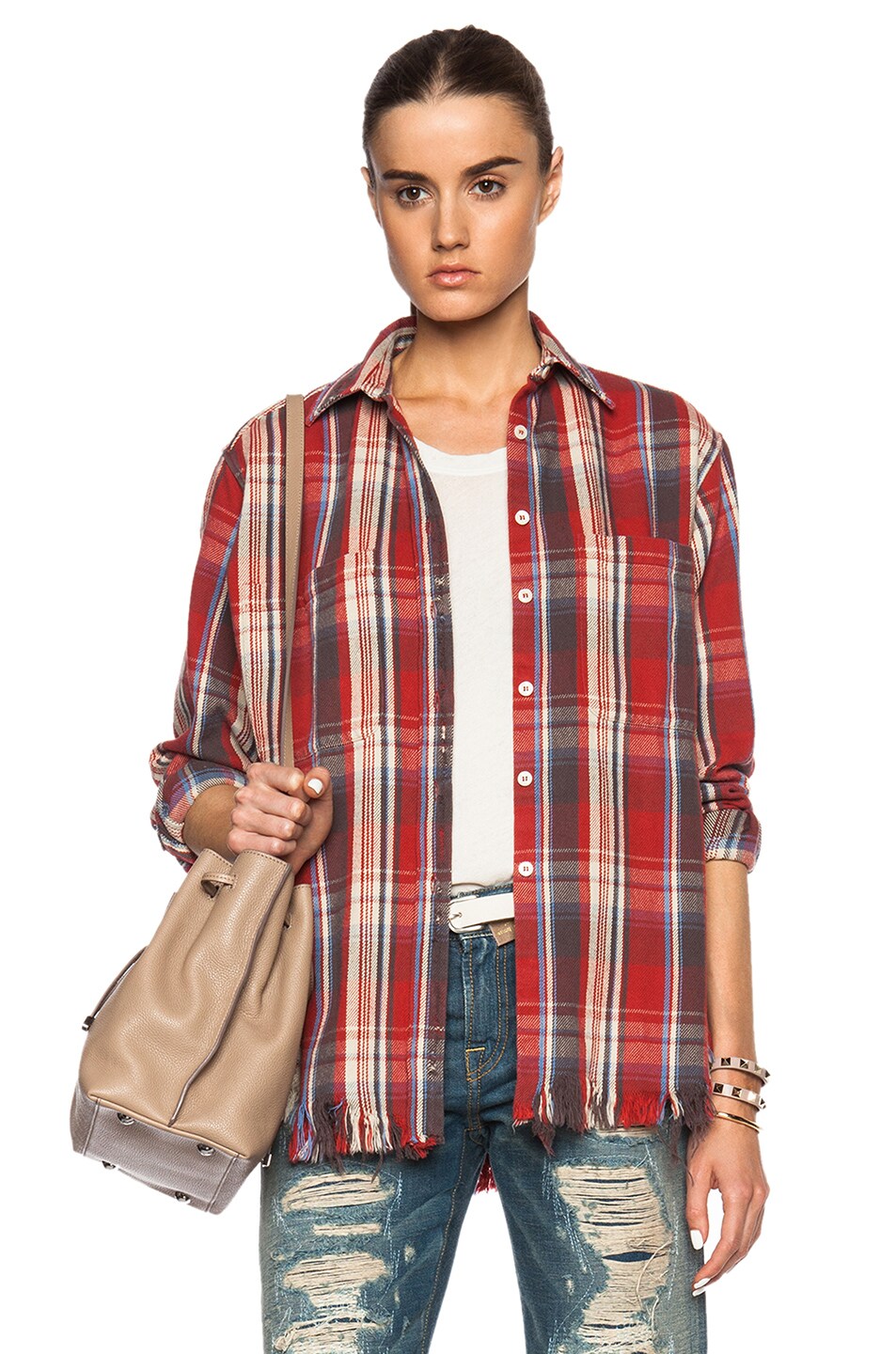 Image 1 of R13 Shredded Plaid Top in Vintage Red