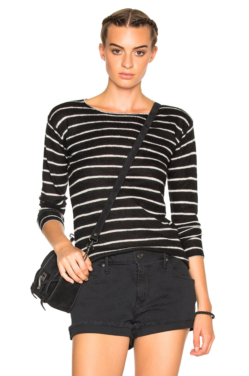 Image 1 of R13 Long Sleeve Knit Cashmere Tee in Black & White Stripe