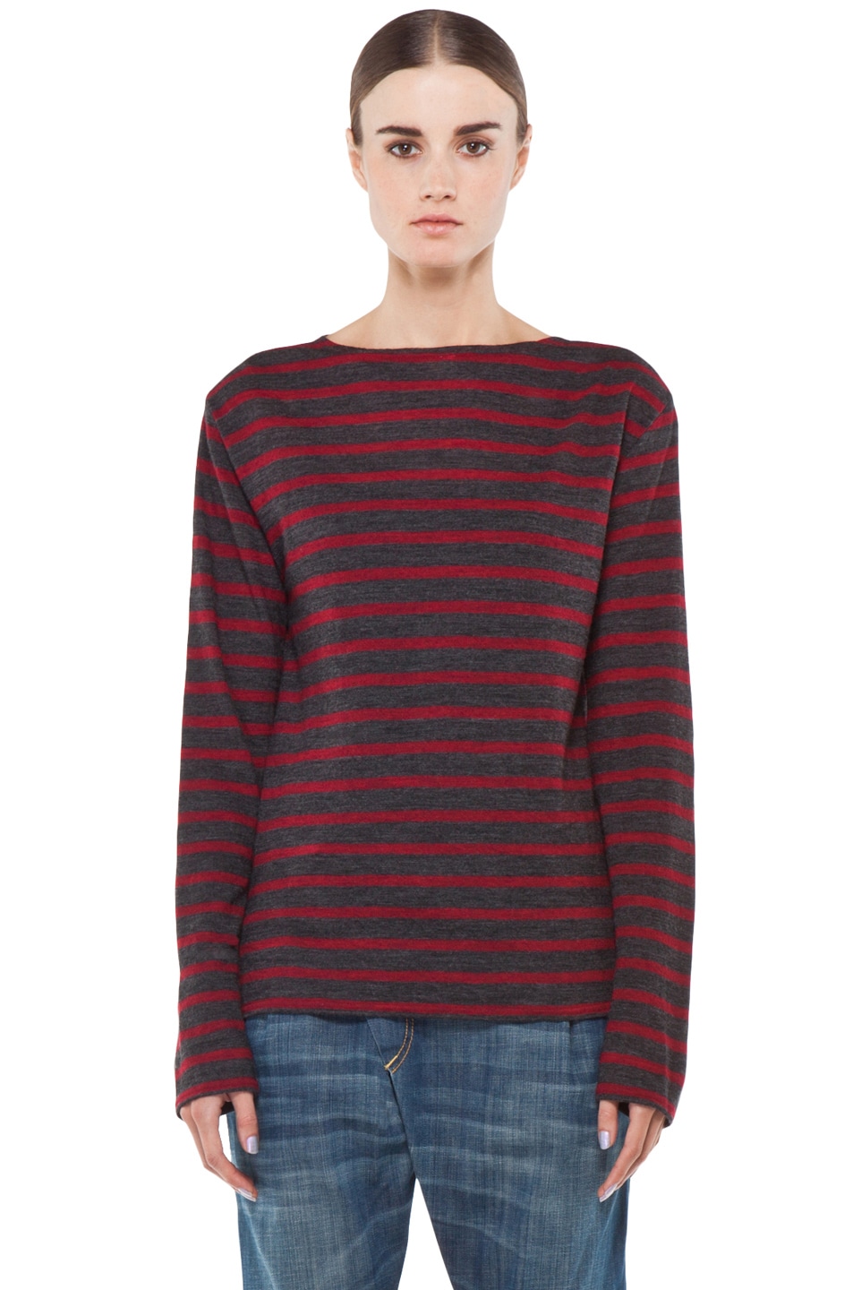 Image 1 of R13 Striped Long Sleeve Boat Neck Tee in Red