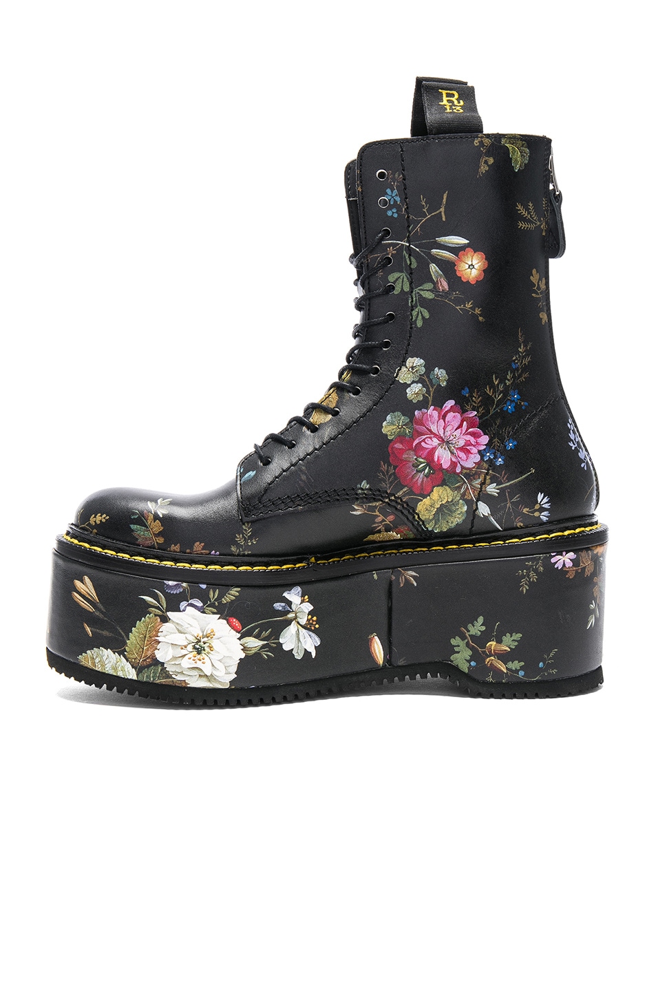 R13 LEATHER DOUBLE STACK BOOTS, BLACK FLORAL ModeSens
