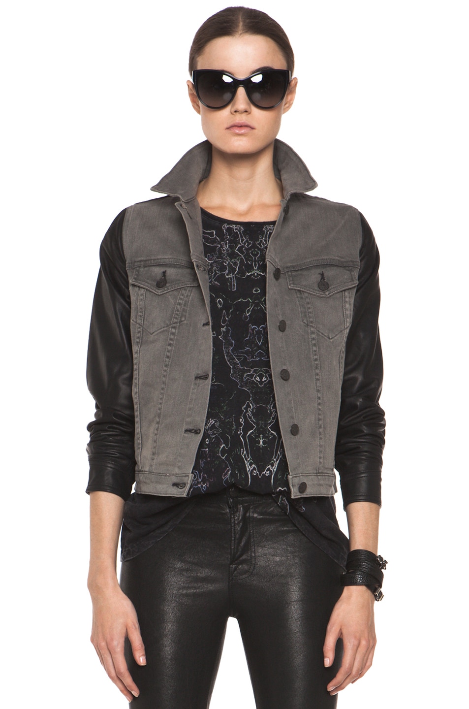 Image 1 of Rag & Bone JEAN Denim Jacket with Leather Sleeves in Iron