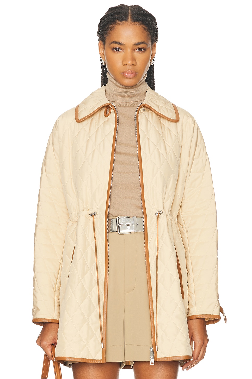 Image 1 of Ralph Lauren Collection Saundra Lambskin-Trim Quilted Coat in Light Tan