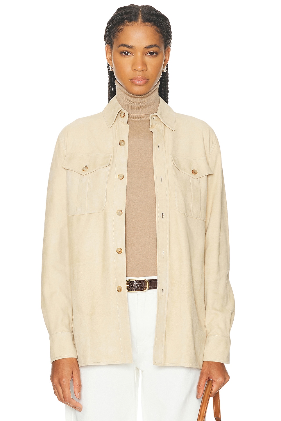 Image 1 of Ralph Lauren Collection Landry Lamb-Suede Shirt in Tan