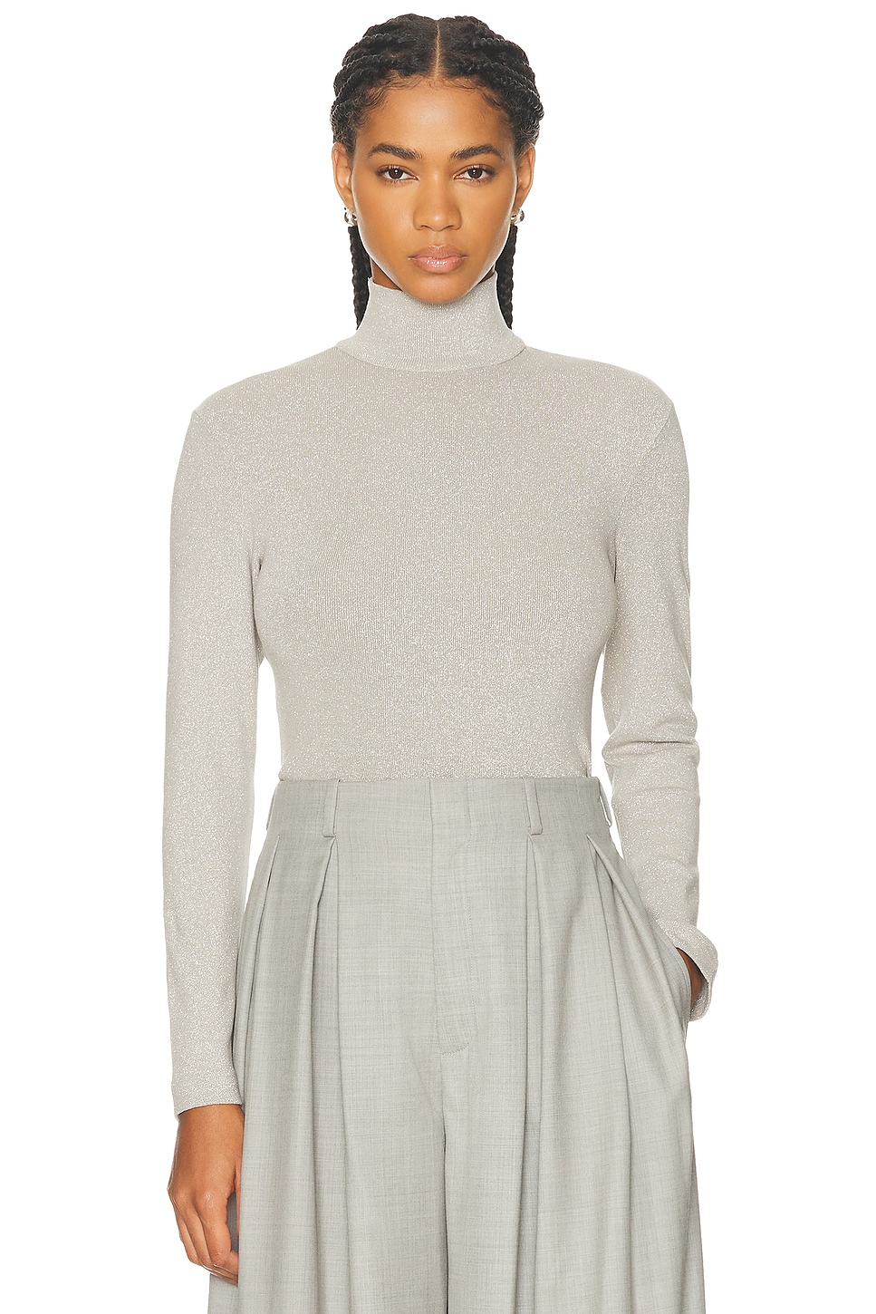 Image 1 of Ralph Lauren Collection Metallic Jersey Mockneck Cropped Top in Palladium