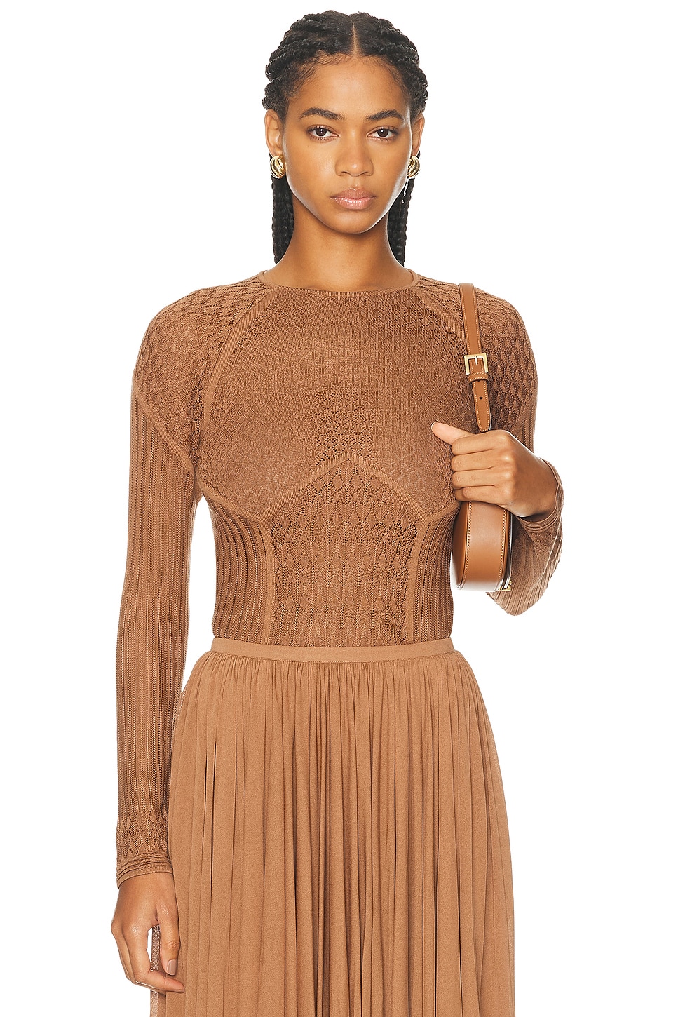 Image 1 of Ralph Lauren Collection Lace Pointelle Raglan-Sleeve Sweater in Light Toffee