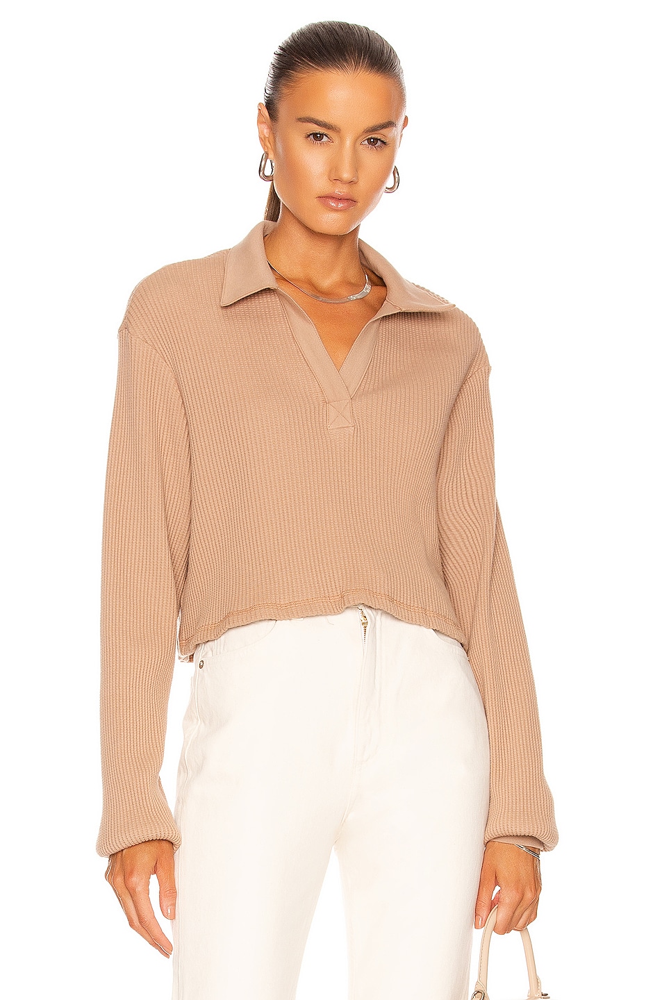 Image 1 of The Range Jumbo Thermal Cropped Long Sleeve Polo Top in Light Tawny