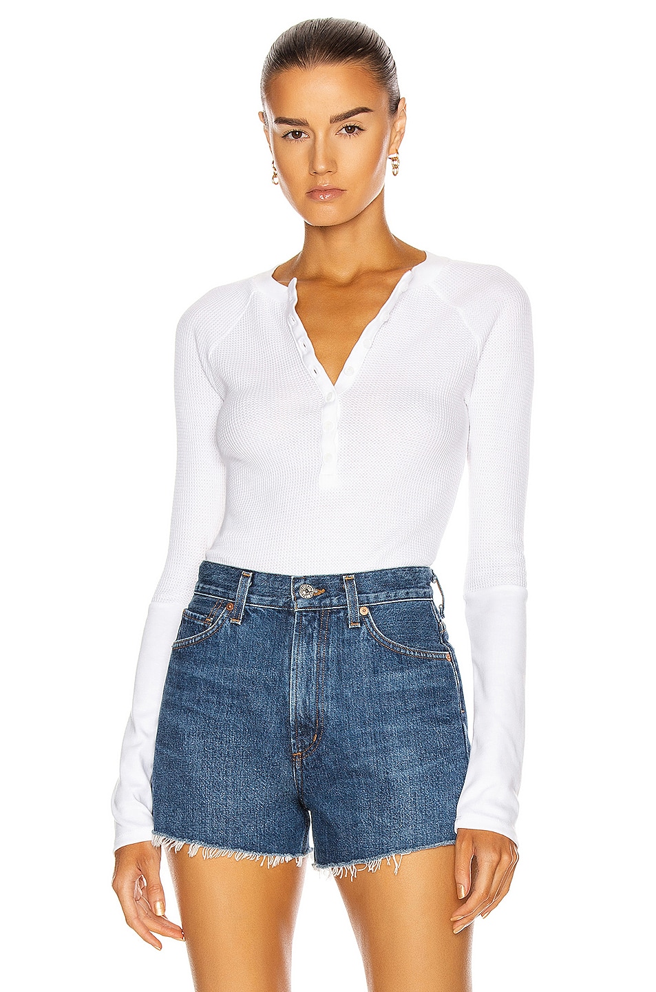 Image 1 of The Range Cuffed Long Sleeve Henley Top in White