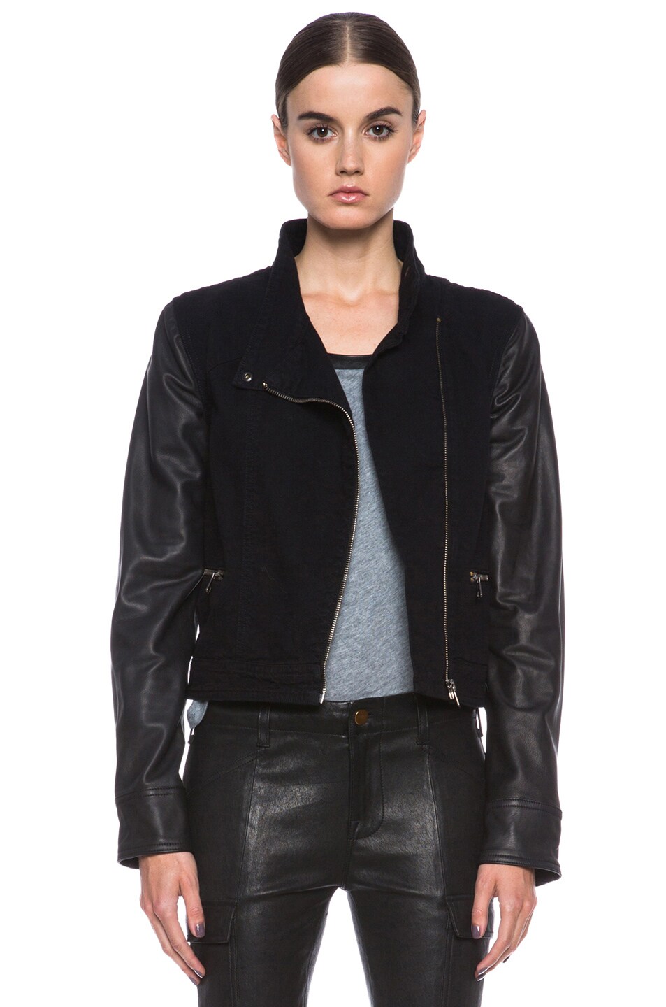 Image 1 of Rag & Bone Cotton Moto Jacket with Lambskin Leather in Black