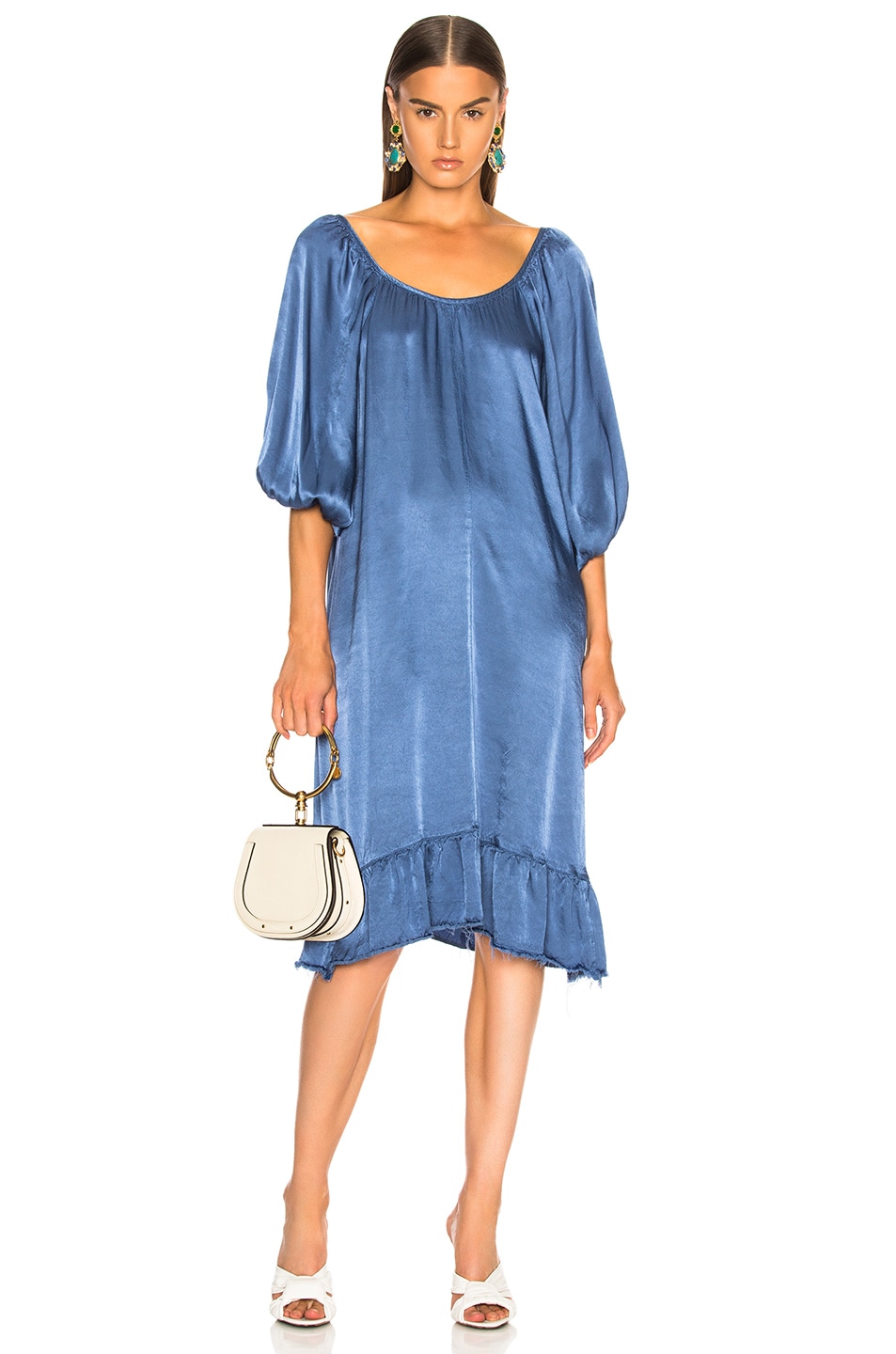 Image 1 of Raquel Allegra Pebble Satin Peasant Ruffle Dress in French Blue