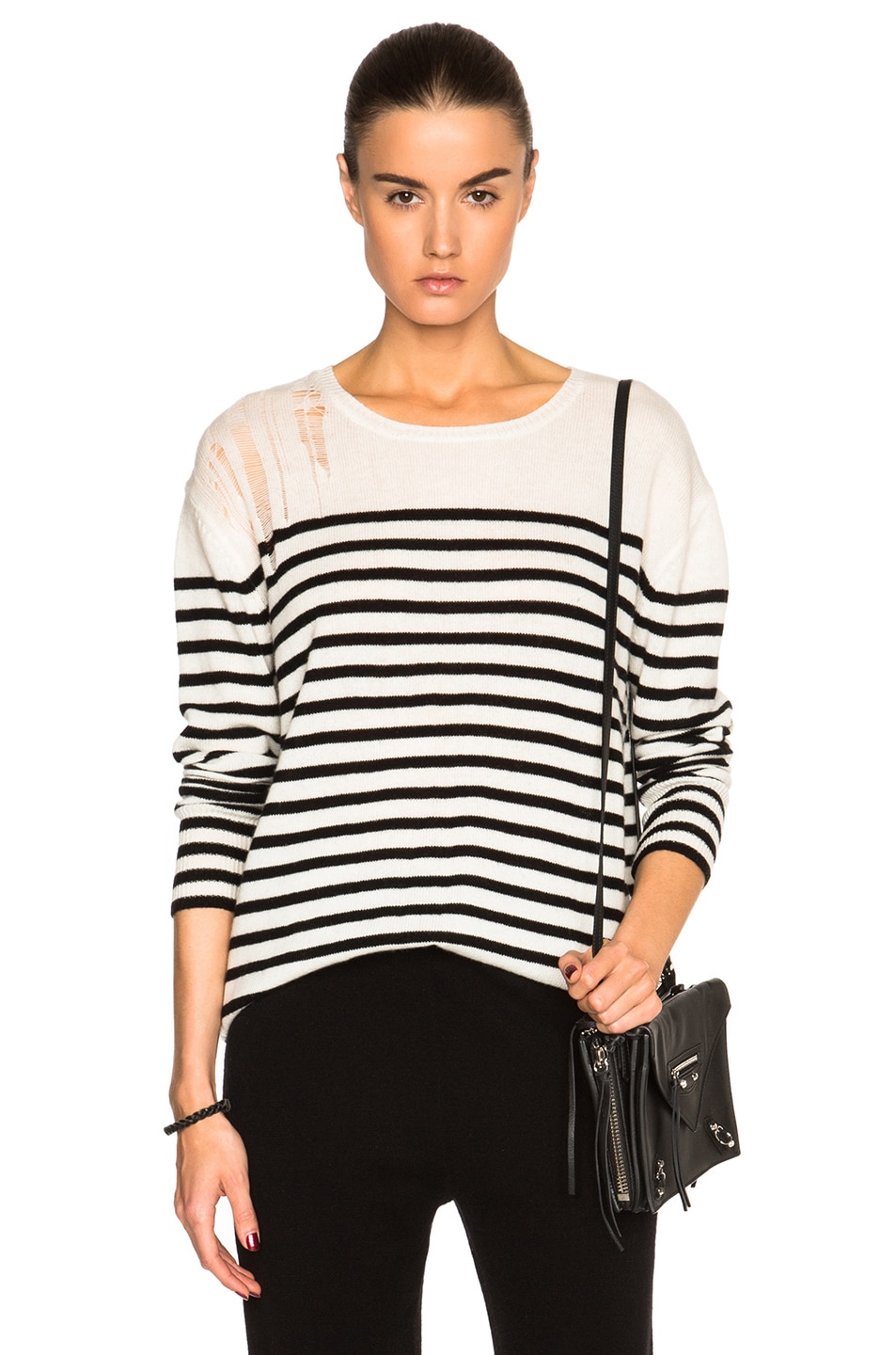 Image 1 of Raquel Allegra Shred Shoulder Sweater in Ivory & Black Stripe
