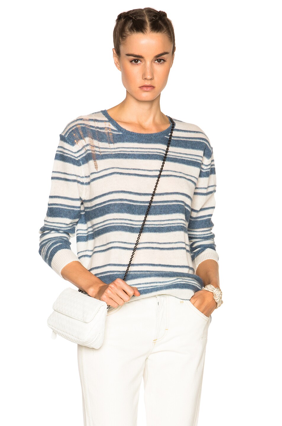Image 1 of Raquel Allegra Shred Pullover Sweater in Vintage Blue & Ivory