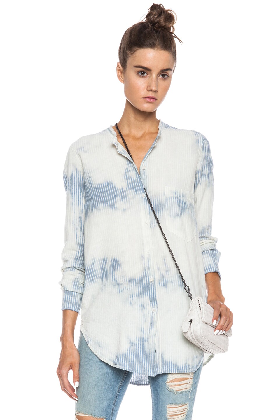 Image 1 of Raquel Allegra Button Down Linen-Blend Top in Stripe Chambray