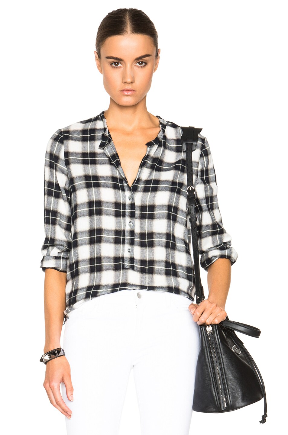 Image 1 of Raquel Allegra Long Sleeve Henley Top in Black & White Plaid