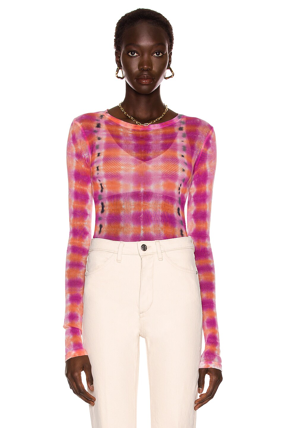 Raquel Allegra Long Sleeve Mesh Tie Dye Top in Fuchsia & Orange Tie Dye ...