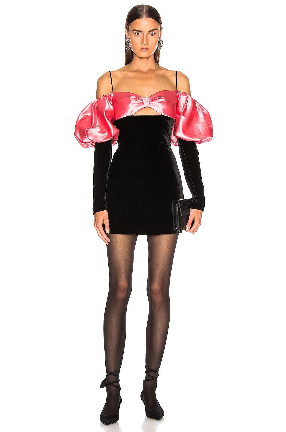 Image 1 of RASARIO Puff Sleeve Mini Dress in Black & Pink