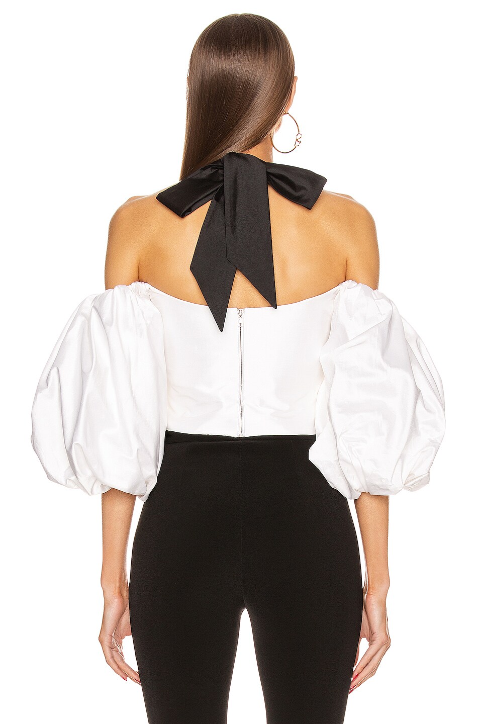 RASARIO Voluminous Sleeve Silk Top in White & Black | FWRD
