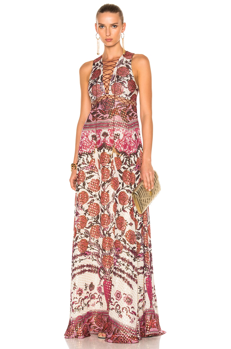 Image 1 of Roberto Cavalli Lace Up Detail Maxi Dress in Red & White
