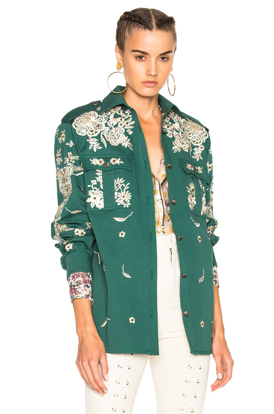 Image 1 of Roberto Cavalli Embroidered Jacket in Green & Ivory