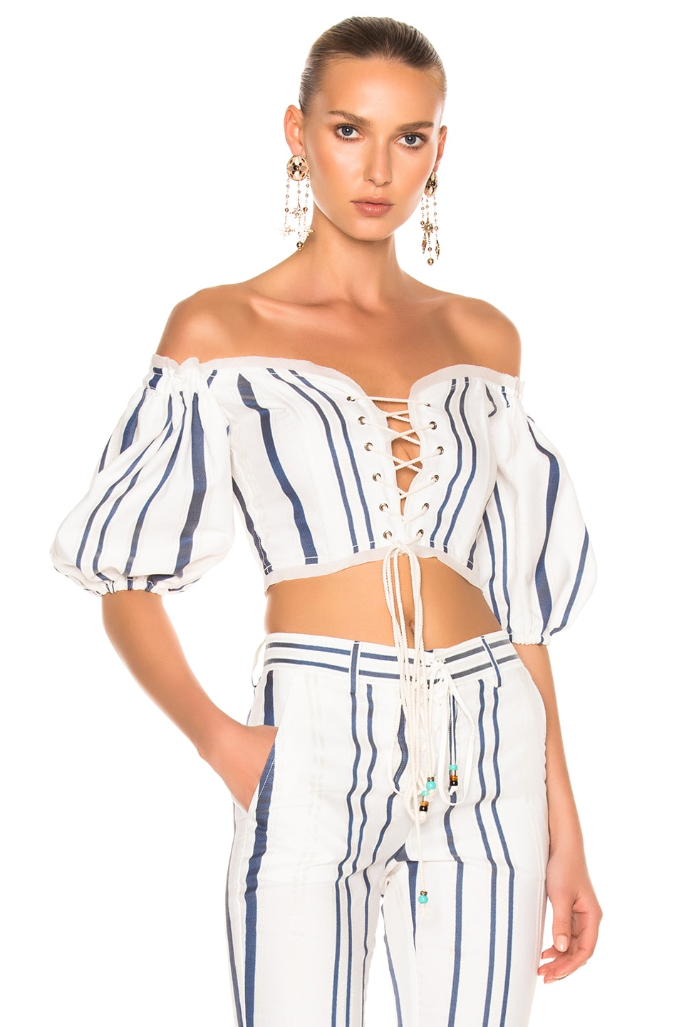 Image 1 of Roberto Cavalli Lace Up Cropped Top in Blue & White