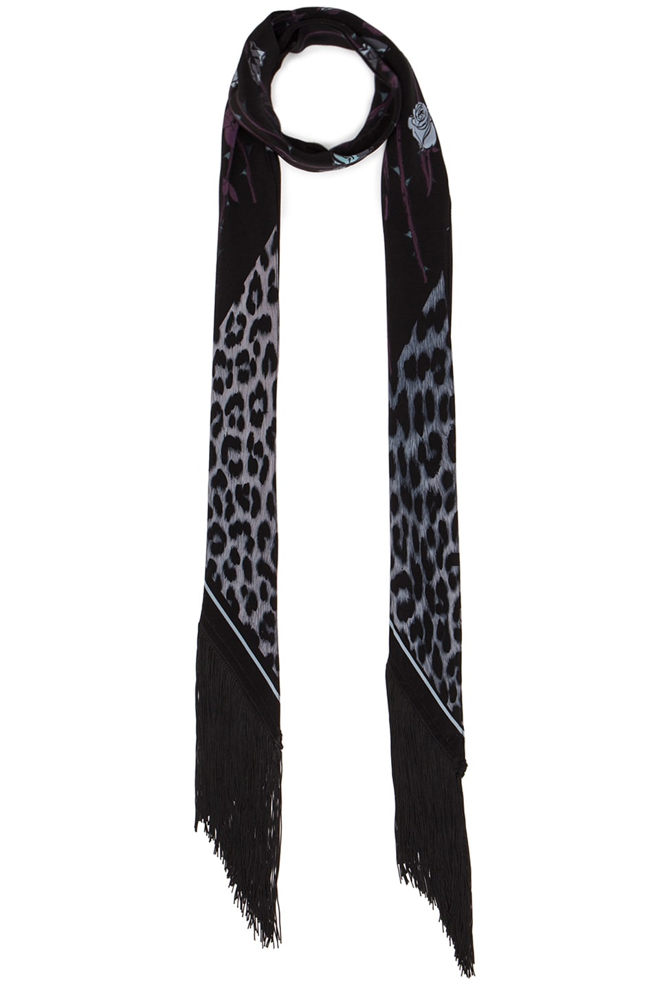 Image 1 of Rockins Rose Leopard Classic Skinny Fringe Scarf in Midnight