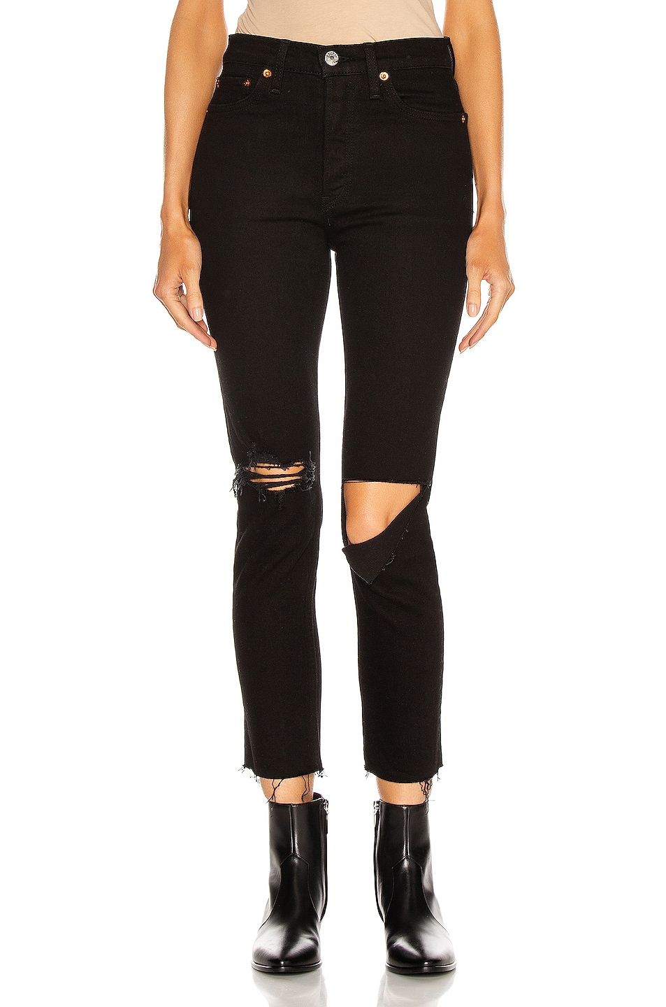 Image 1 of RE/DONE 90's High Rise Ankle Crop in Jet Black With Rips