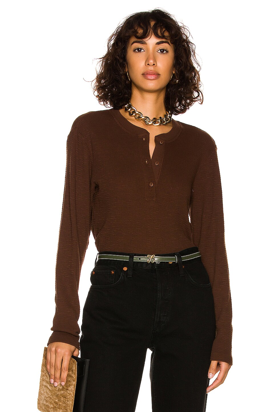 Image 1 of RE/DONE Henley Thermal Long Sleeve Top in Hickory