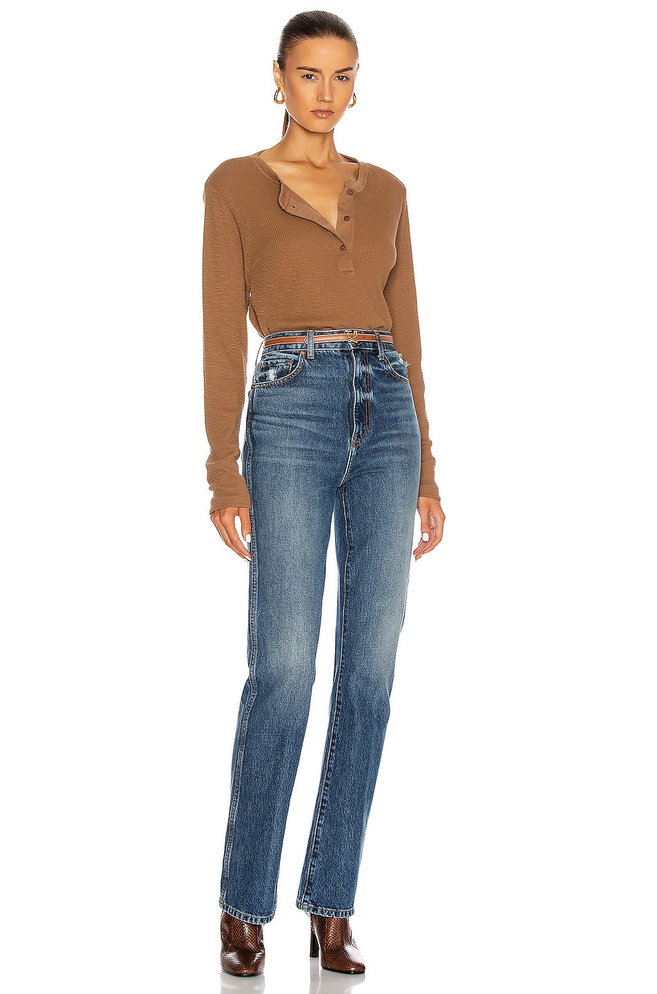 RE/DONE Henley Thermal Long Sleeve in Natural Tan Brown | FWRD
