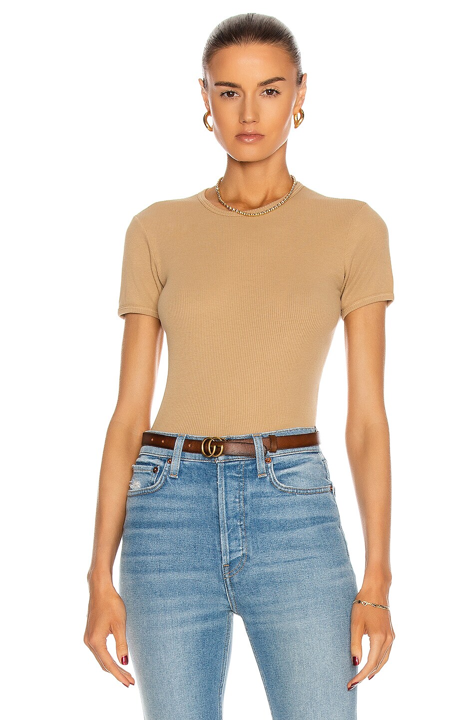 Image 1 of RE/DONE 90's Ribbed Cap Sleeve Tee in Sand