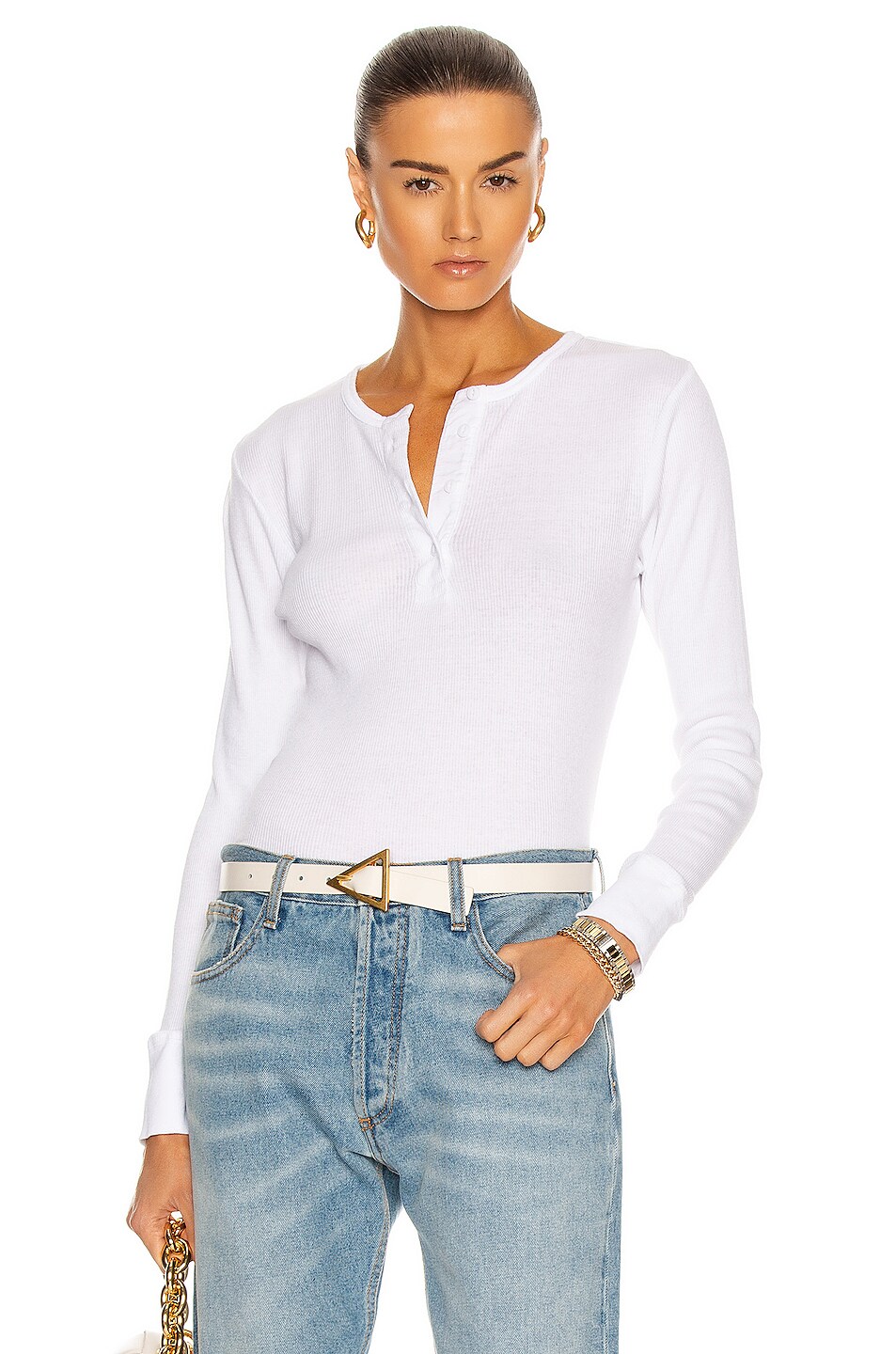 Image 1 of RE/DONE 60's Slim Henley Long Sleeve Top in Optic White