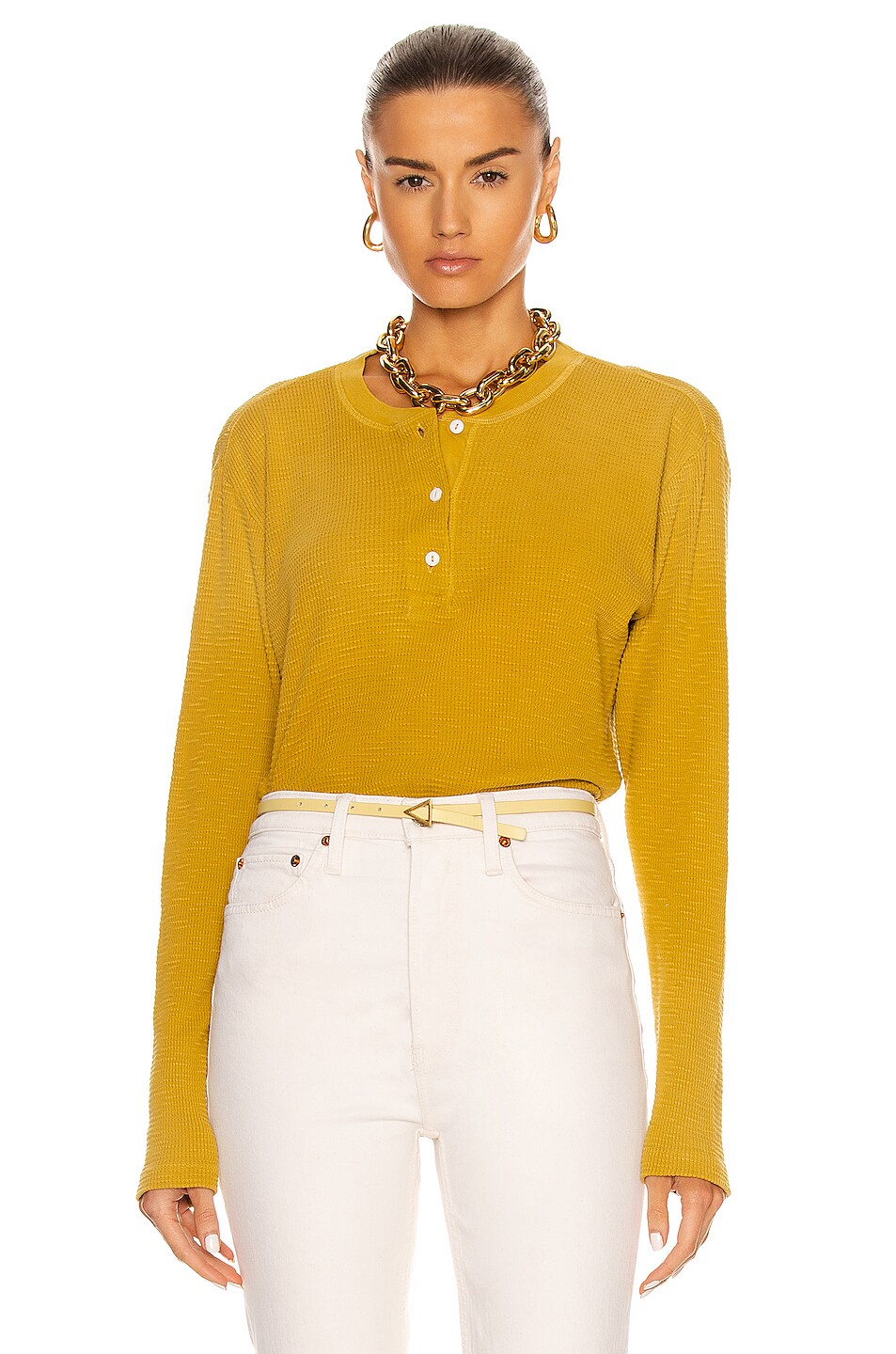 Image 1 of RE/DONE Henley Thermal Long Sleeve Top in Faded Mustard