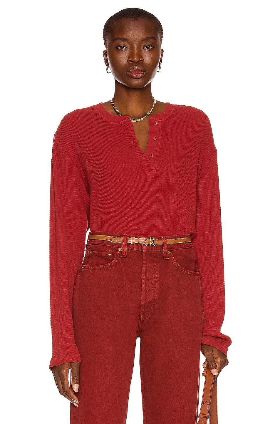 Image 1 of RE/DONE Henley Thermal Long Sleeve Top in Brick