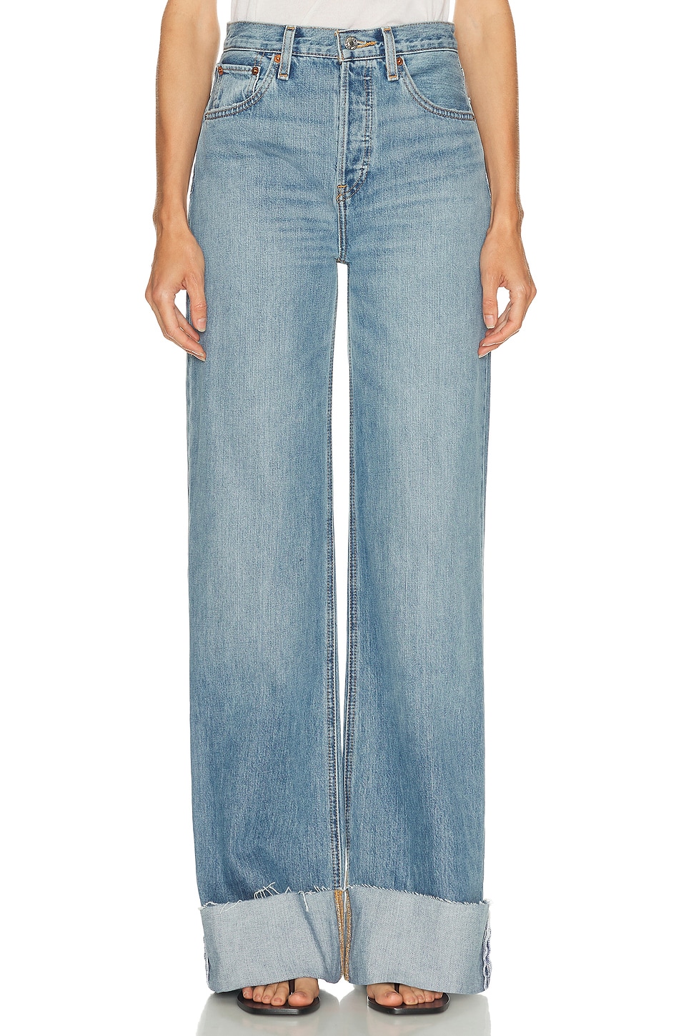 Image 1 of RE/DONE High Rise Wide Leg Cuff Jeans in Vintage Biker Blue