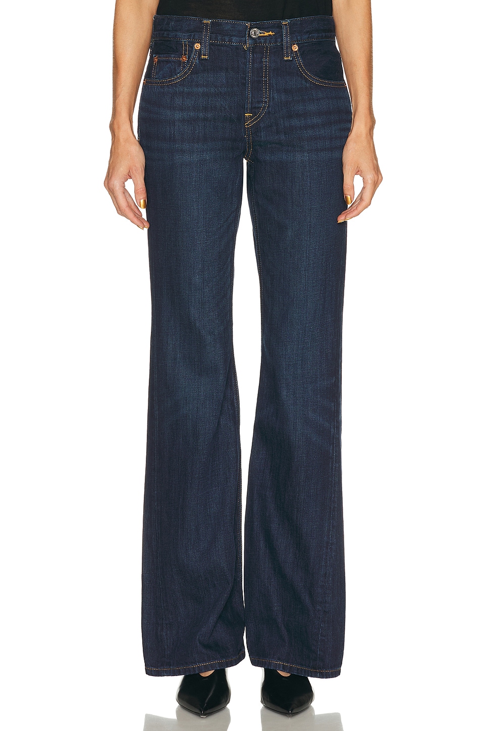 Image 1 of RE/DONE Twisted Mid Rise Bootcut Jeans in Dark Lady Blue