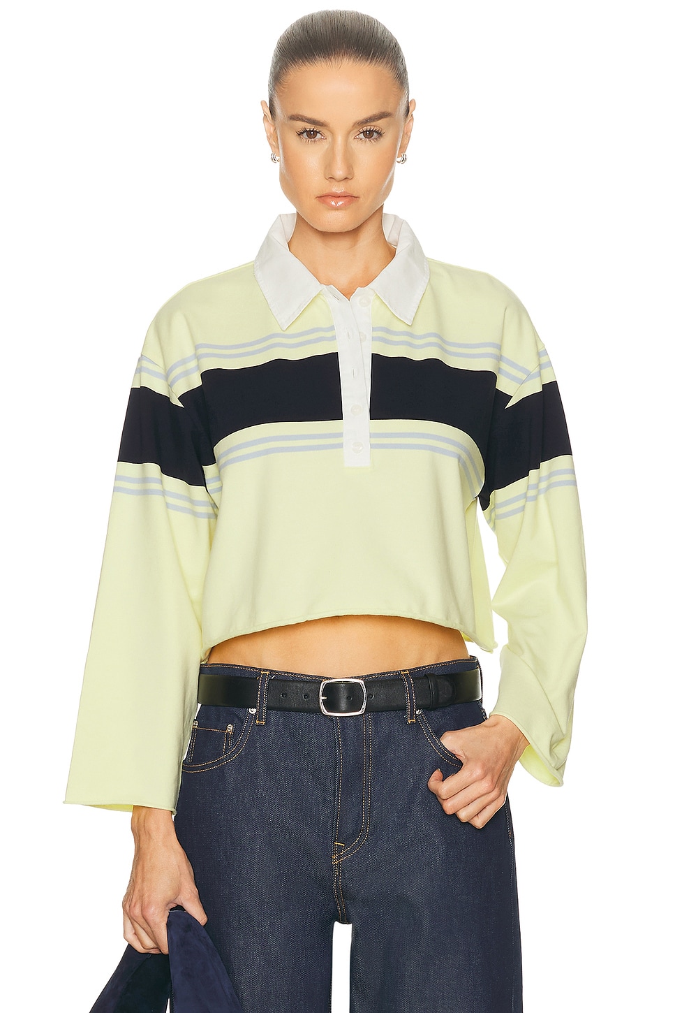 Image 1 of RE/DONE Cut Off Rugby Polo Top in Limeade Stripe